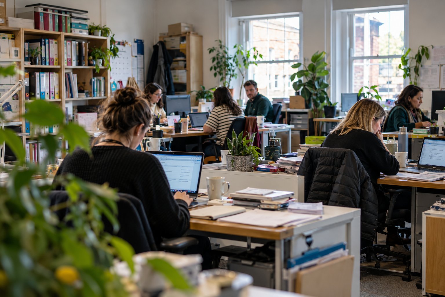 A busy nonprofit office with colleagues working