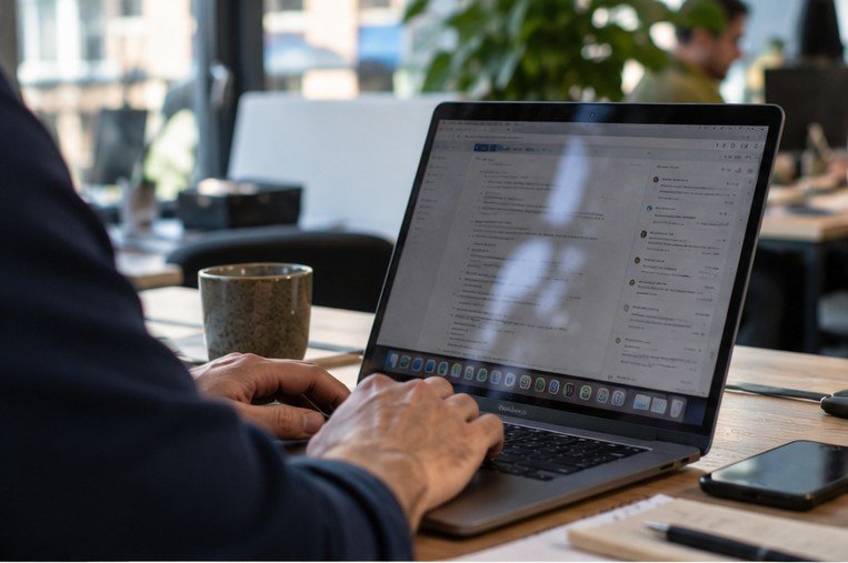 Working with documents and information on a laptop